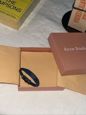 Authentic Acne Studios Dark Blue Leather Buckle Strap Bracelet w/ Box